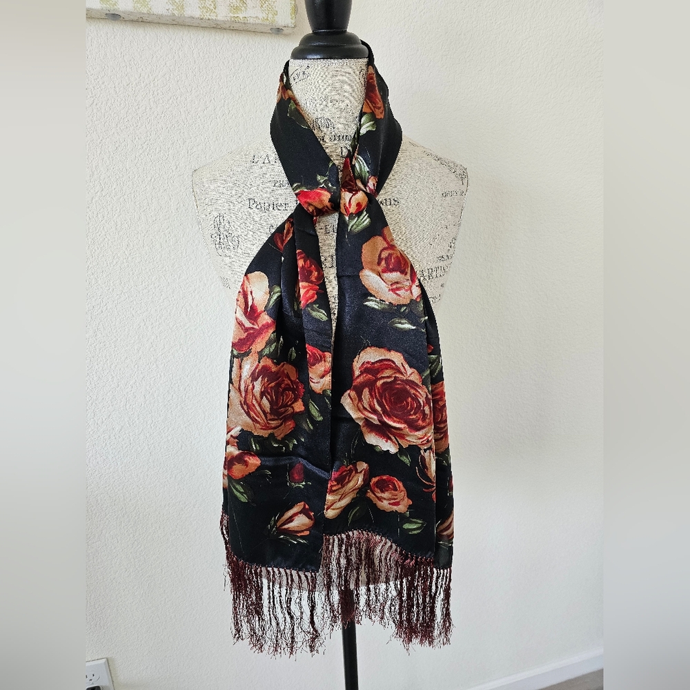Vintage Echo 100% Silk Scarf Black & Crimson Cabbage Rose Long Knotted Fringe